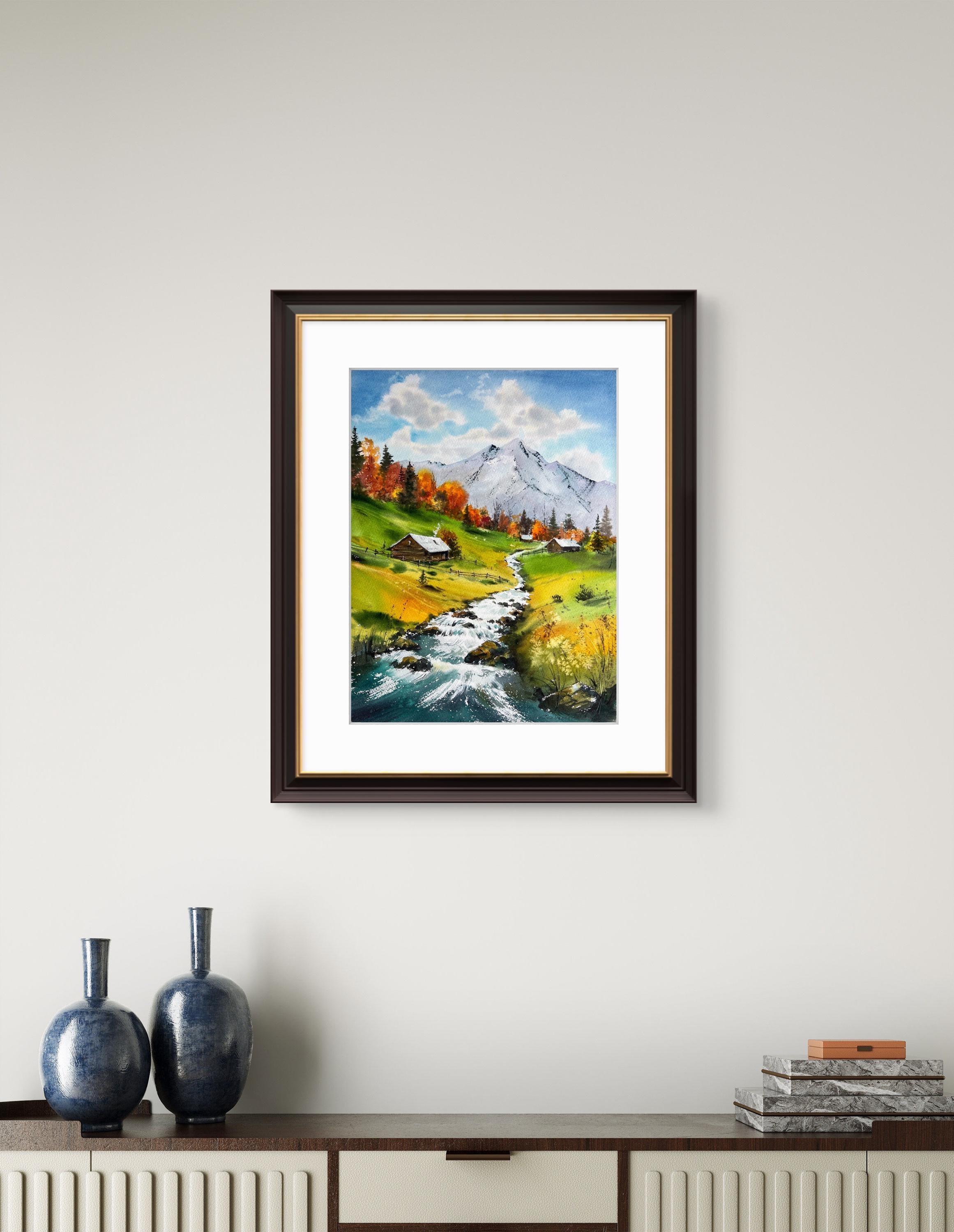 山川の風景水彩画 - オリジナルアート - 秋の森の風景 - Etsy 日本