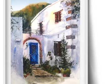 Greek Village Watercolor Painting: Coastal Cityscape with Blue Door