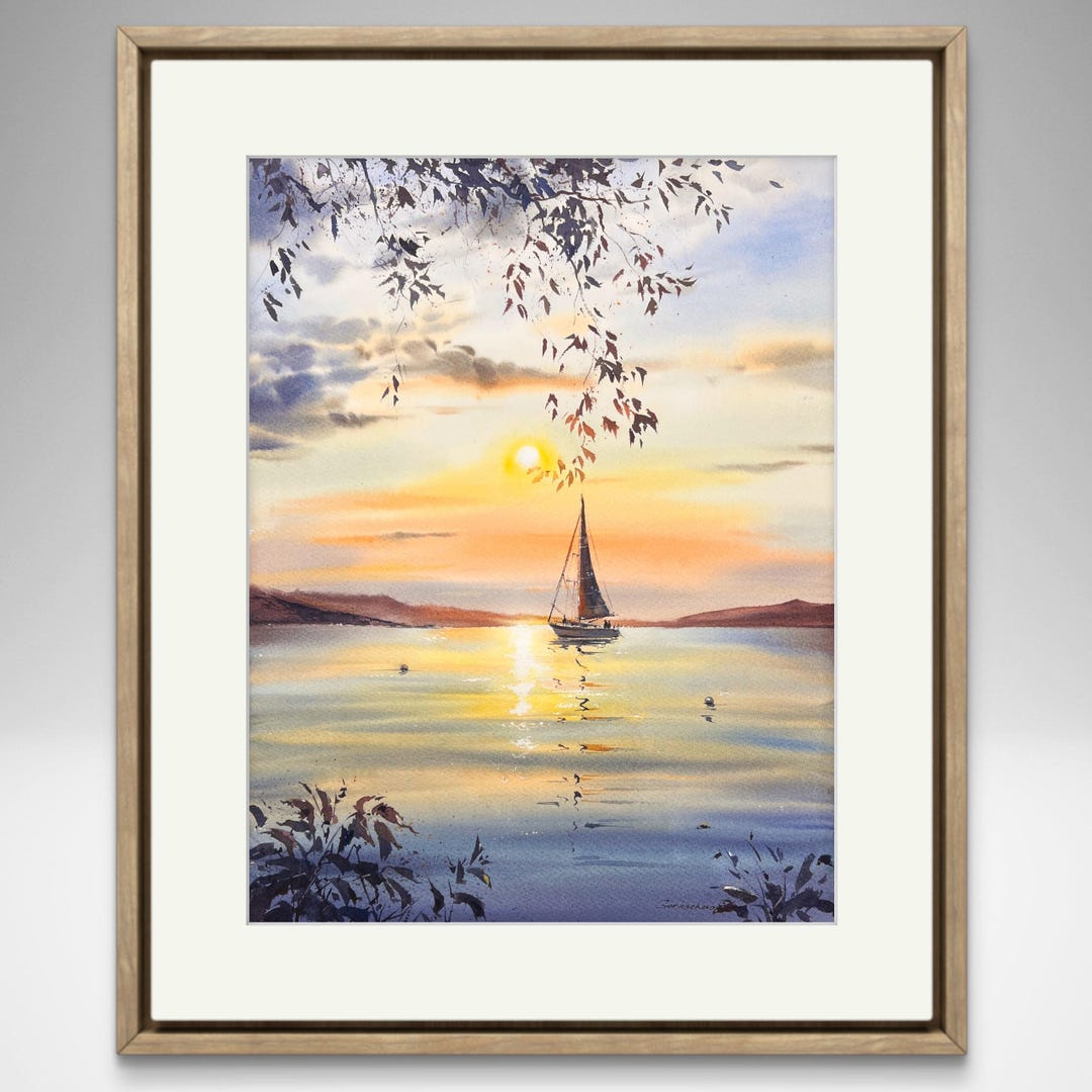 オリジナルのビーチの夕日の絵画、航海をテーマにした壁掛けアート