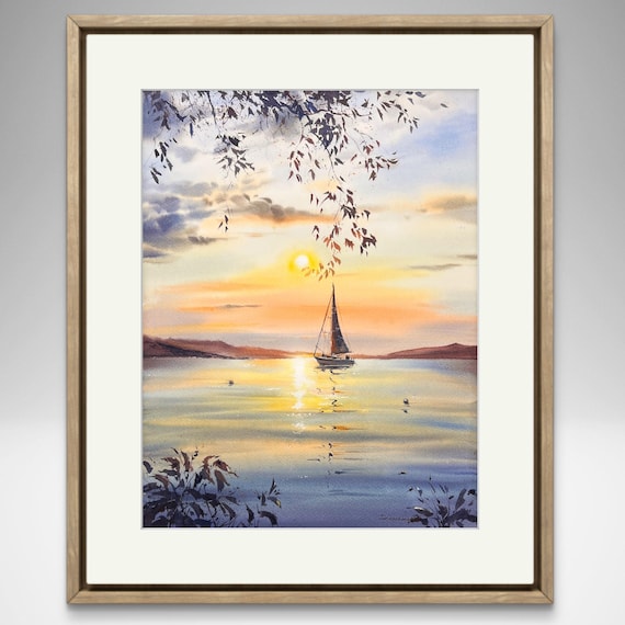 オリジナルのビーチの夕日の絵画、航海をテーマにした壁掛けアート
