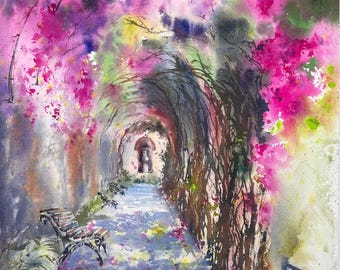 花のアーチの水彩画 - ブーゲンビリアのトンネルの風景 - Etsy 日本