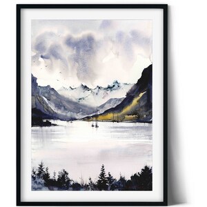 Dipinto di foresta di montagna, arte originale ad acquerello, opera d'arte di lago autunnale, arte murale di casa, paesaggio, barca a vela, nuvole