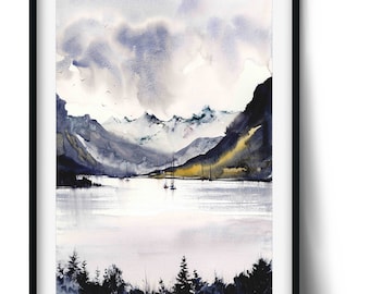 Pintura original en acuarela de un lago de montaña: Arte paisajístico otoñal