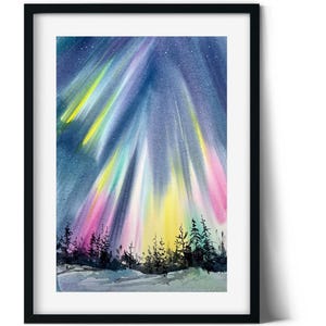 Northern Lights Watercolor Art - Original Aurora Borealis Night Sky Painting, Snowy Landscape Artwork
