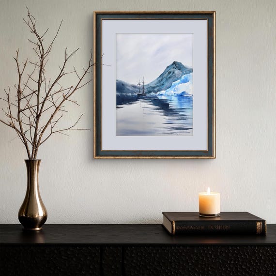 南極の氷山の水彩画：オリジナルの海景画、冒険旅行ギフト、北極の