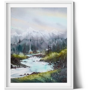 Dipinto moderno foresta di montagna acquerello originale, arte della natura, decorazione da parete per camera da letto, paesaggio con fiume, verde oliva, regalo unico