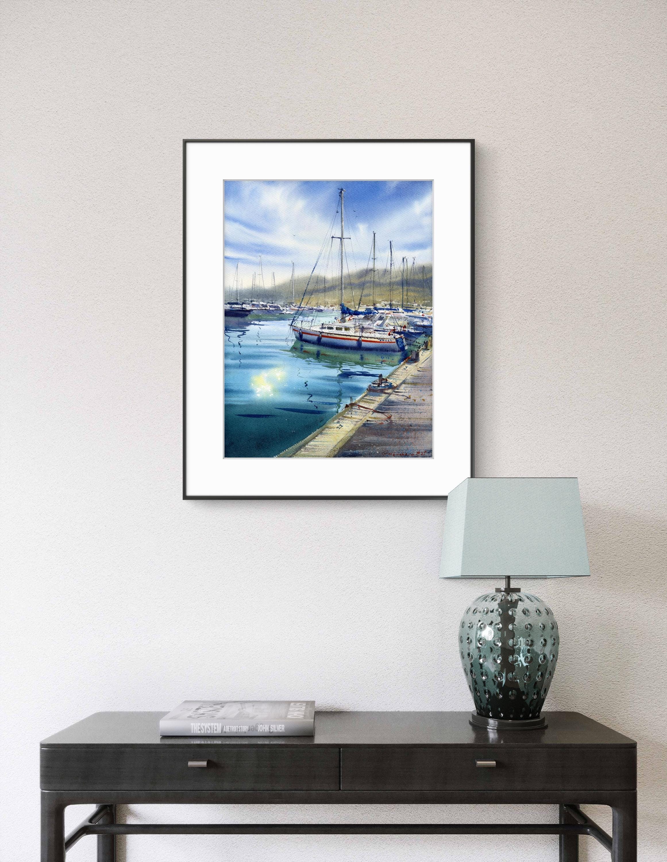 オリジナル水彩画「帆船」：マリーナ海景アート、12x16 - Etsy 日本