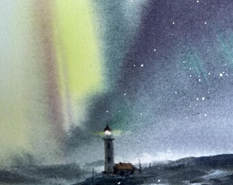 オリジナル水彩画「オーロラの絵画：灯台の冬の風景」8x12インチの