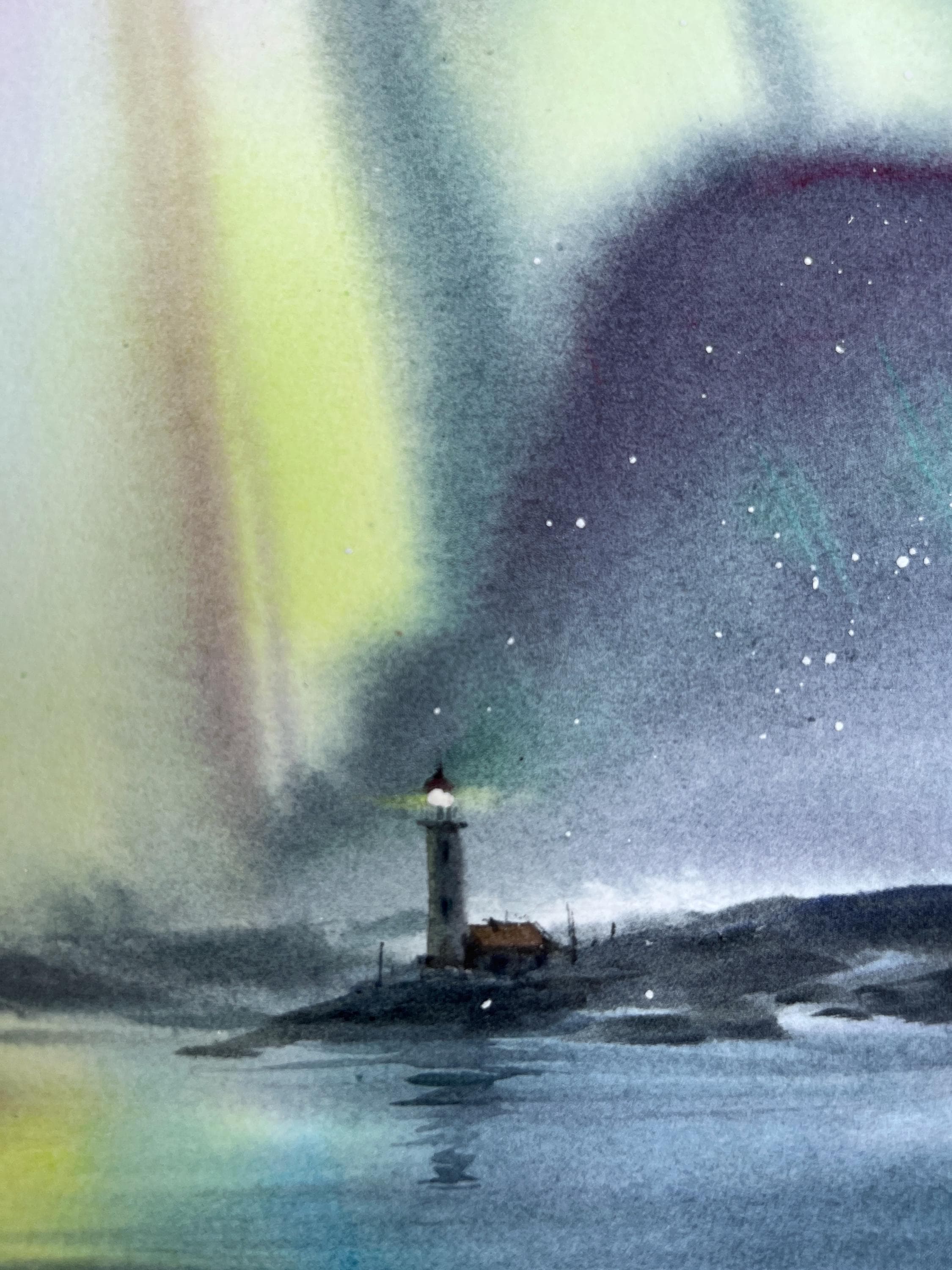 オリジナル水彩画「オーロラの絵画：灯台の冬の風景」8x12インチの
