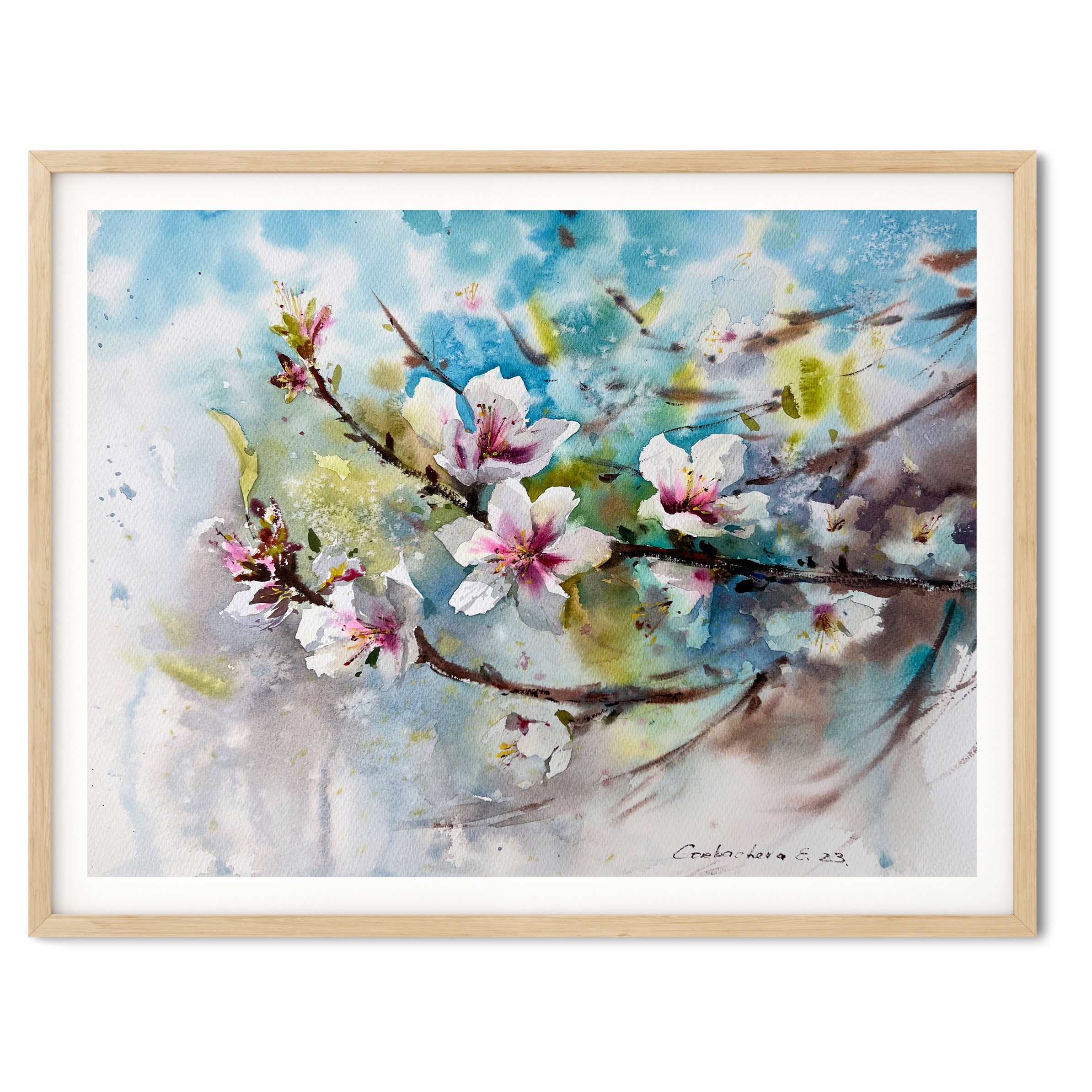 オリジナル水彩画：咲き誇るアーモンドの木の植物画（12 x 16インチ