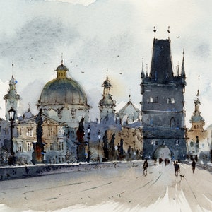 May include: A watercolor painting of a cityscape with a bridge and several buildings. The buildings are in shades of gray and brown, and the bridge is a light gray. There are people walking on the bridge, and the sky is a light blue.