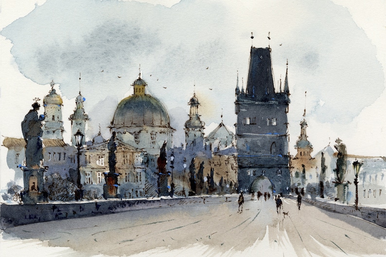 May include: A watercolor painting of a cityscape with a bridge and several buildings. The buildings are in shades of gray and brown, and the bridge is a light gray. There are people walking on the bridge, and the sky is a light blue.