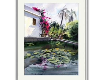 Spanish House Watercolor Prin, Travel Art Gift, European Wall Decor, Mediterranean Backyard, Pond Water Lilies