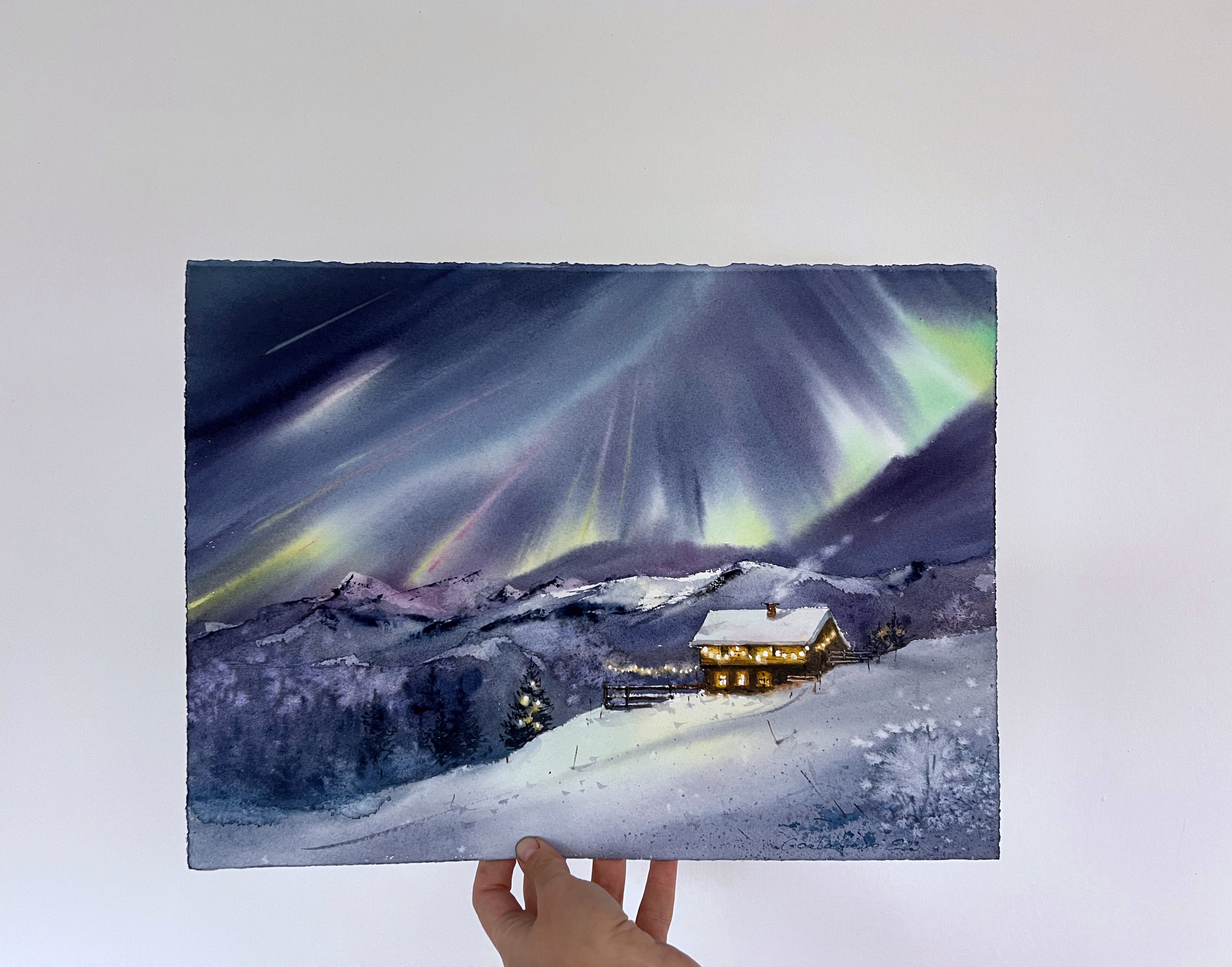 オリジナル水彩画「オーロラの絵画：冬の森の北欧の風景」 - Etsy 日本