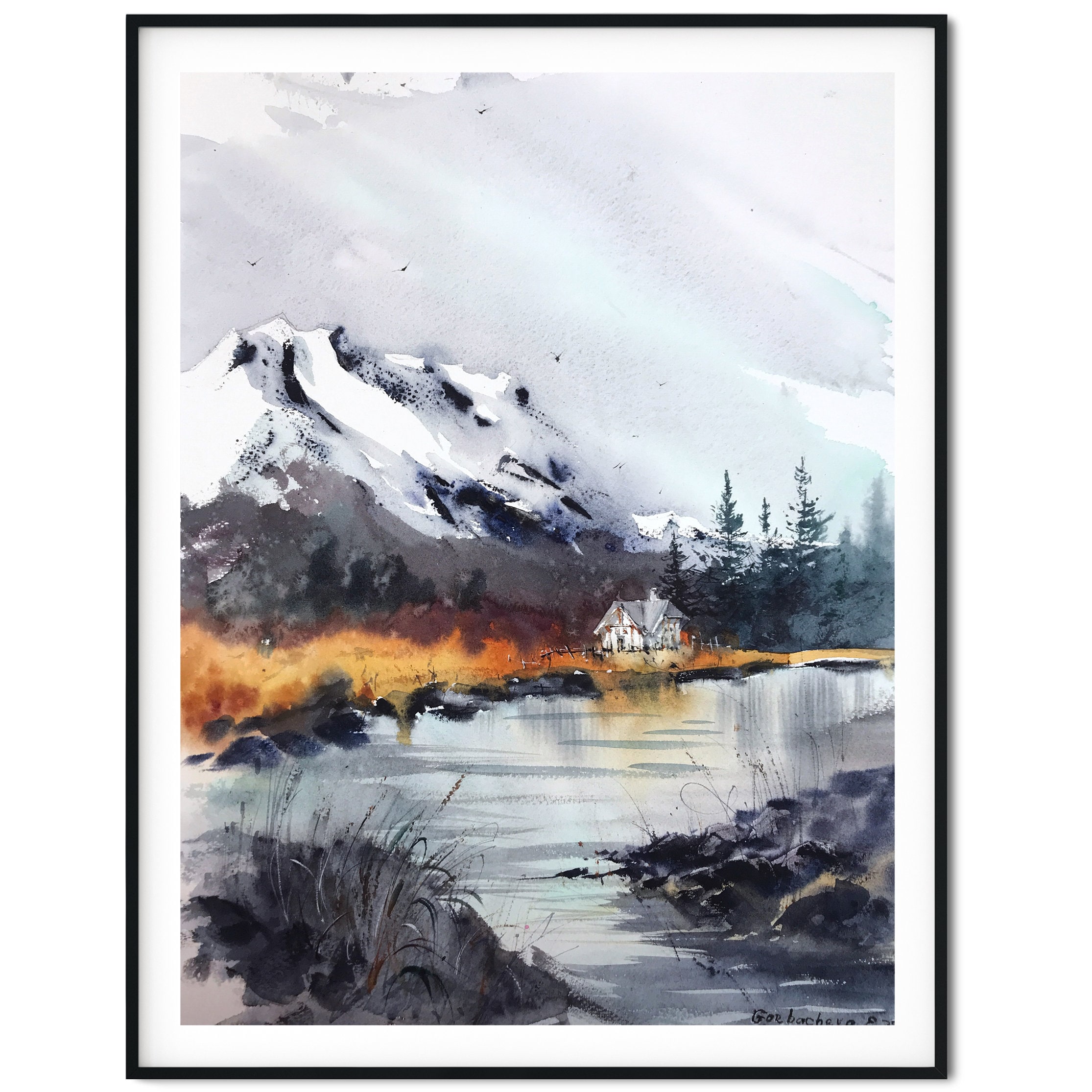 オリジナル水彩画：秋の川の風景画（12×16インチ） - Etsy 日本