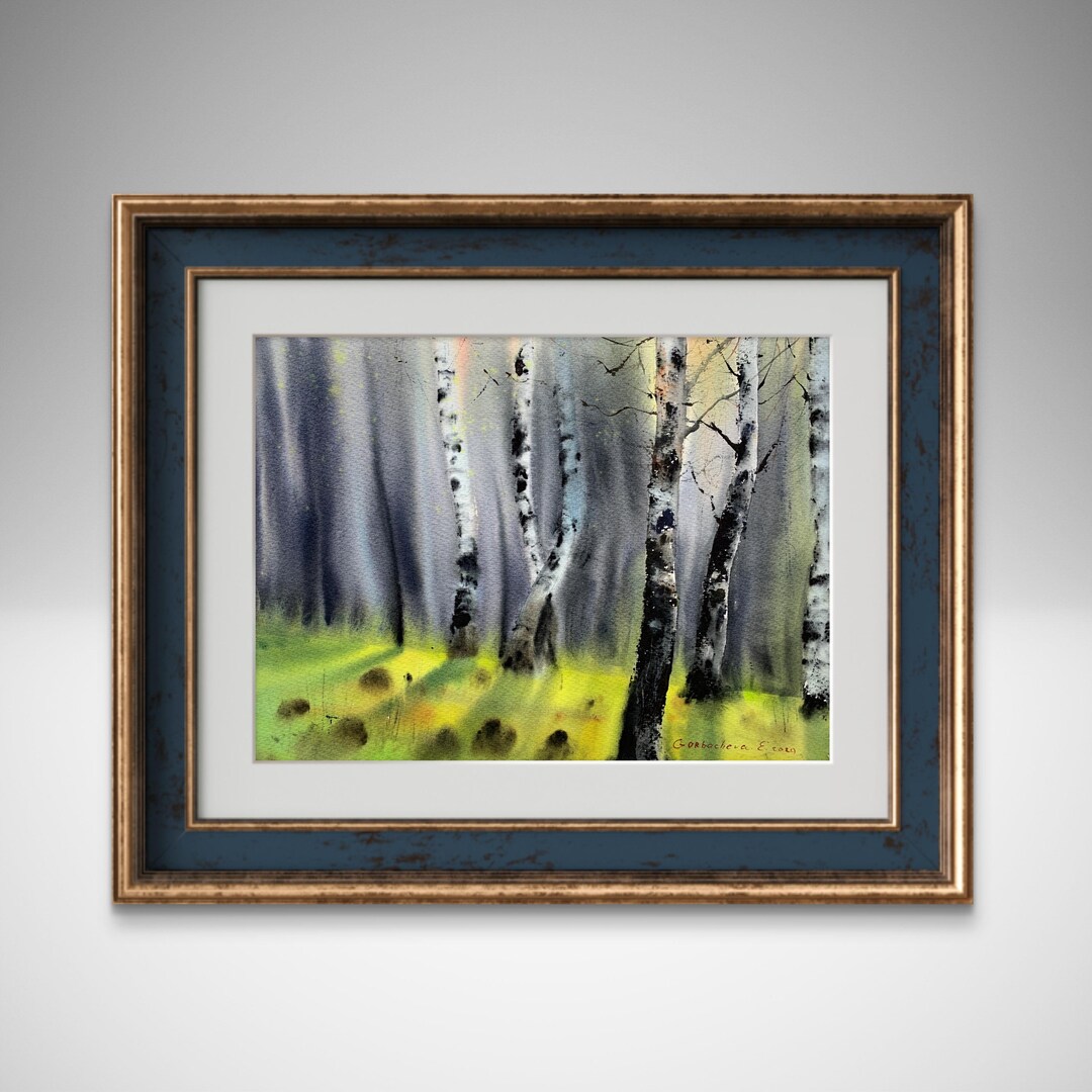 鮮やかな白樺の風景画 - 夏の森の水彩画、自然の壁アート - Etsy 日本