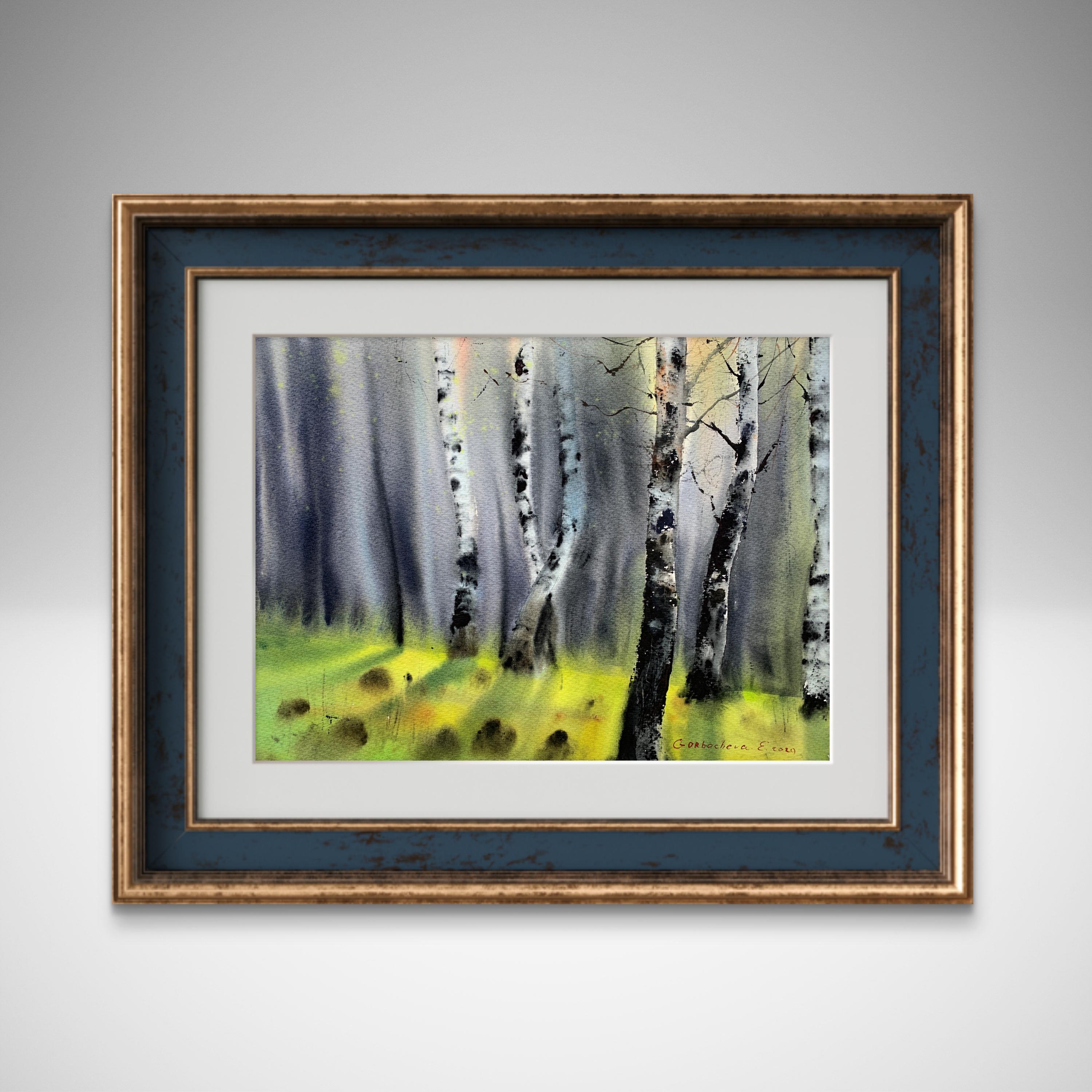 鮮やかな白樺の風景画 - 夏の森の水彩画、自然の壁アート - Etsy 日本