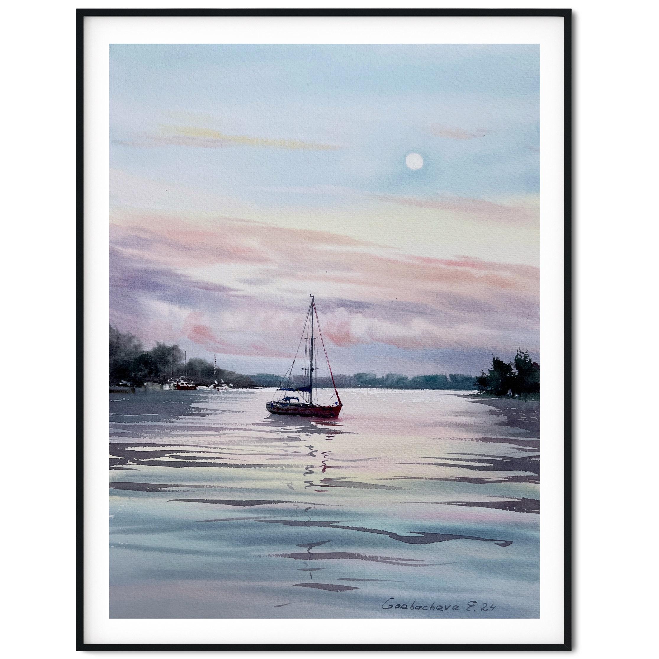 ヨットの水彩画：ピンク色の夜明けの海景画（12 x 9インチ） - Etsy 日本