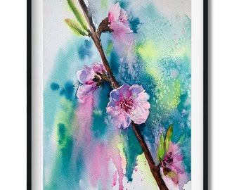 Peinture de fleurs, oeuvre d'art originale aquarelle, arbre à fleurs roses en fleurs, art mural botanique, cadeau, décoration de salle de séjour