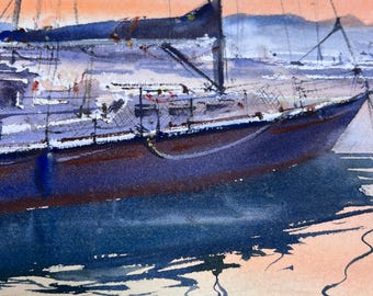 オリジナル海景水彩画、夕日の帆船アート（15 x 22インチ） - Etsy 日本