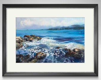 オリジナル海景水彩画：海岸沿いのビーチハウスアート（22 x 15インチ