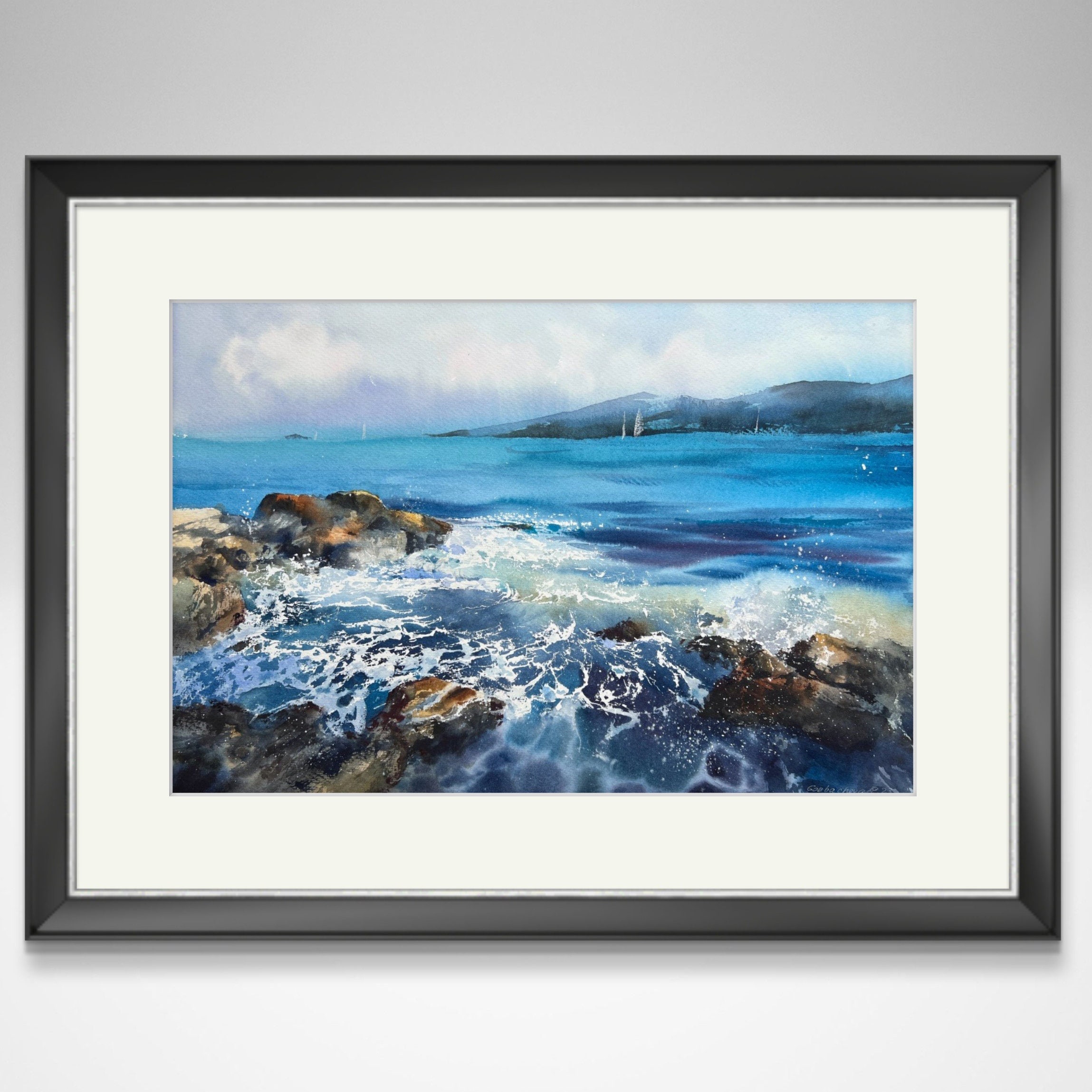 オリジナル海景水彩画：海岸沿いのビーチハウスアート（22 x 15インチ