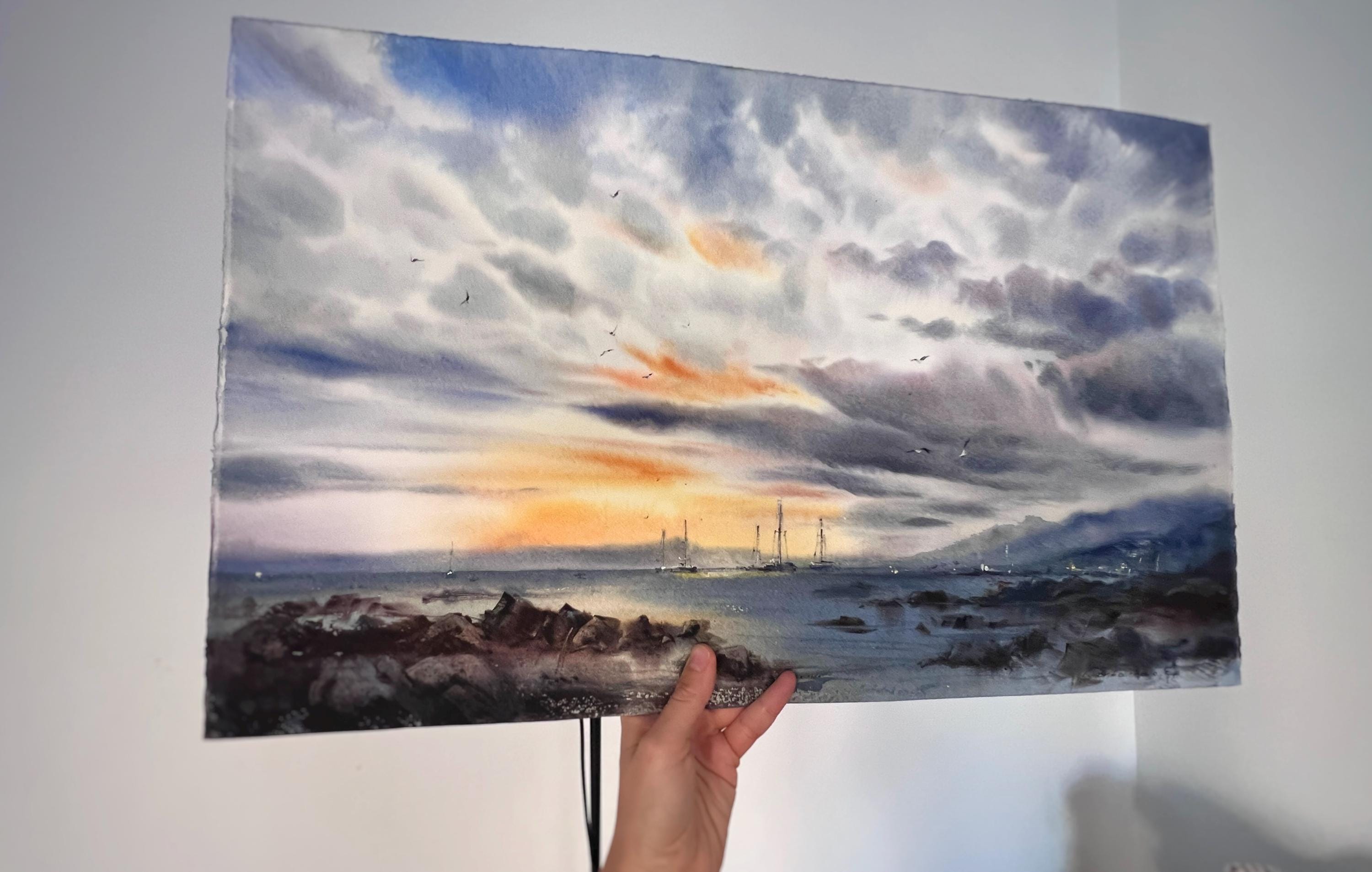 静かな海の水彩画と雲の絵画、ビーチハウス用の海岸沿いの壁アート、22
