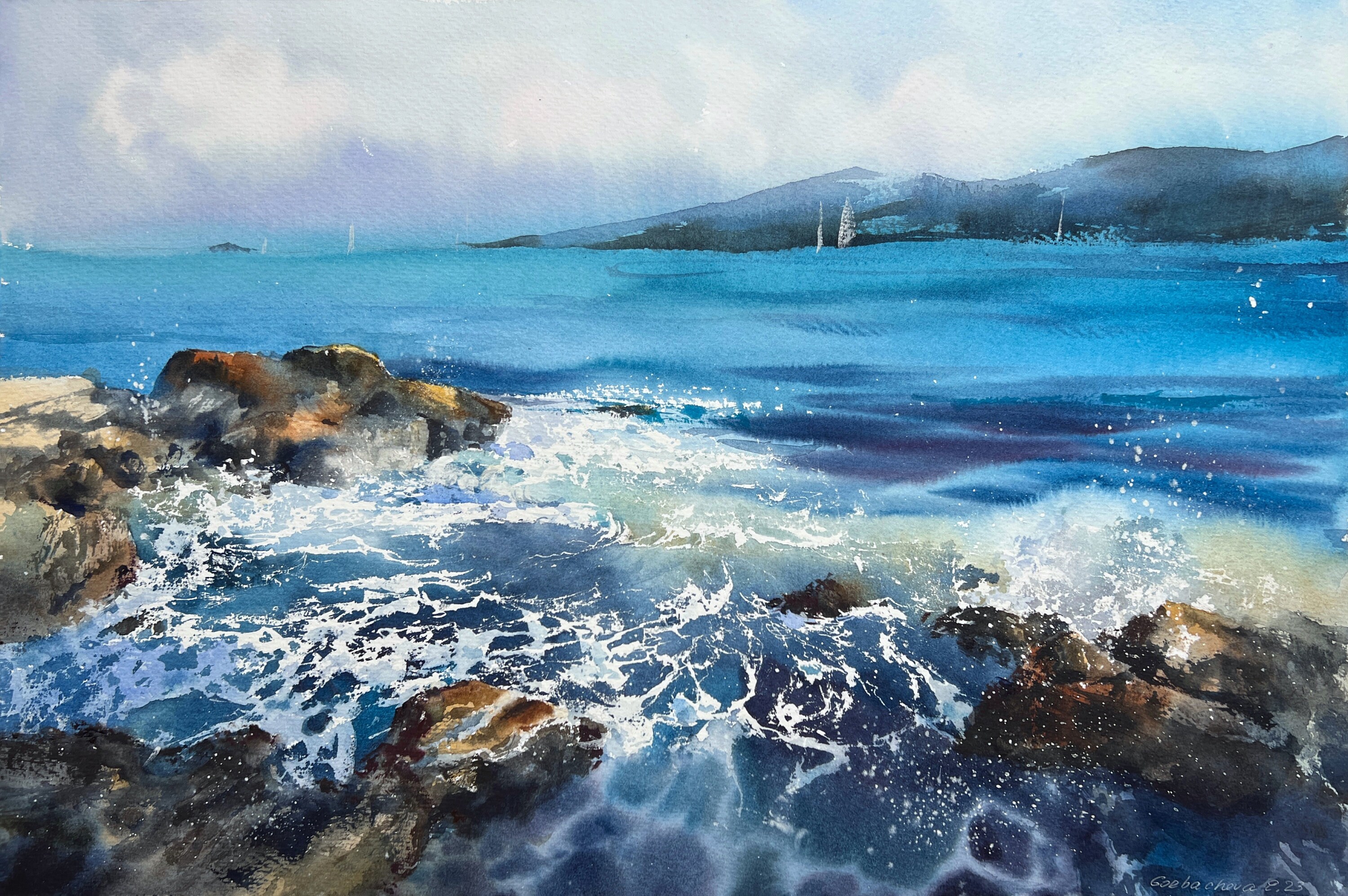オリジナル海景水彩画：海岸沿いのビーチハウスアート（22 x 15インチ