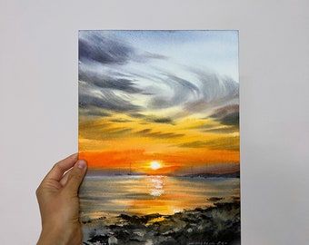 Orange Sunset Coastal Yachts Watercolor Painting | Original Art