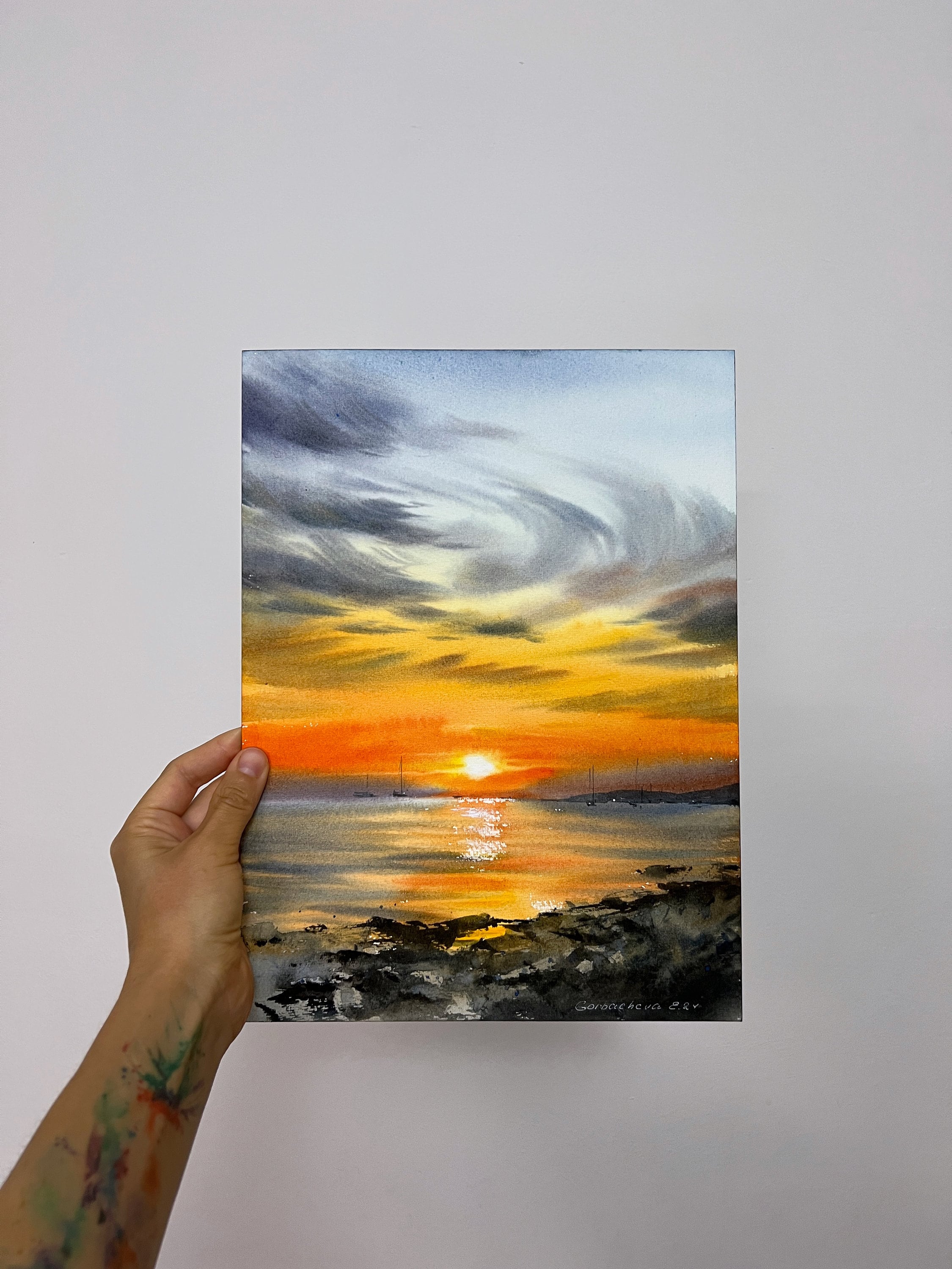 Orange Sunset Coastal Yachts Watercolor Painting | Original Art