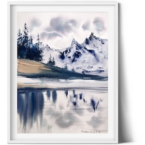Opera d'arte unica ad acquerello Lago di montagna / Dipinto di paesaggio astratto