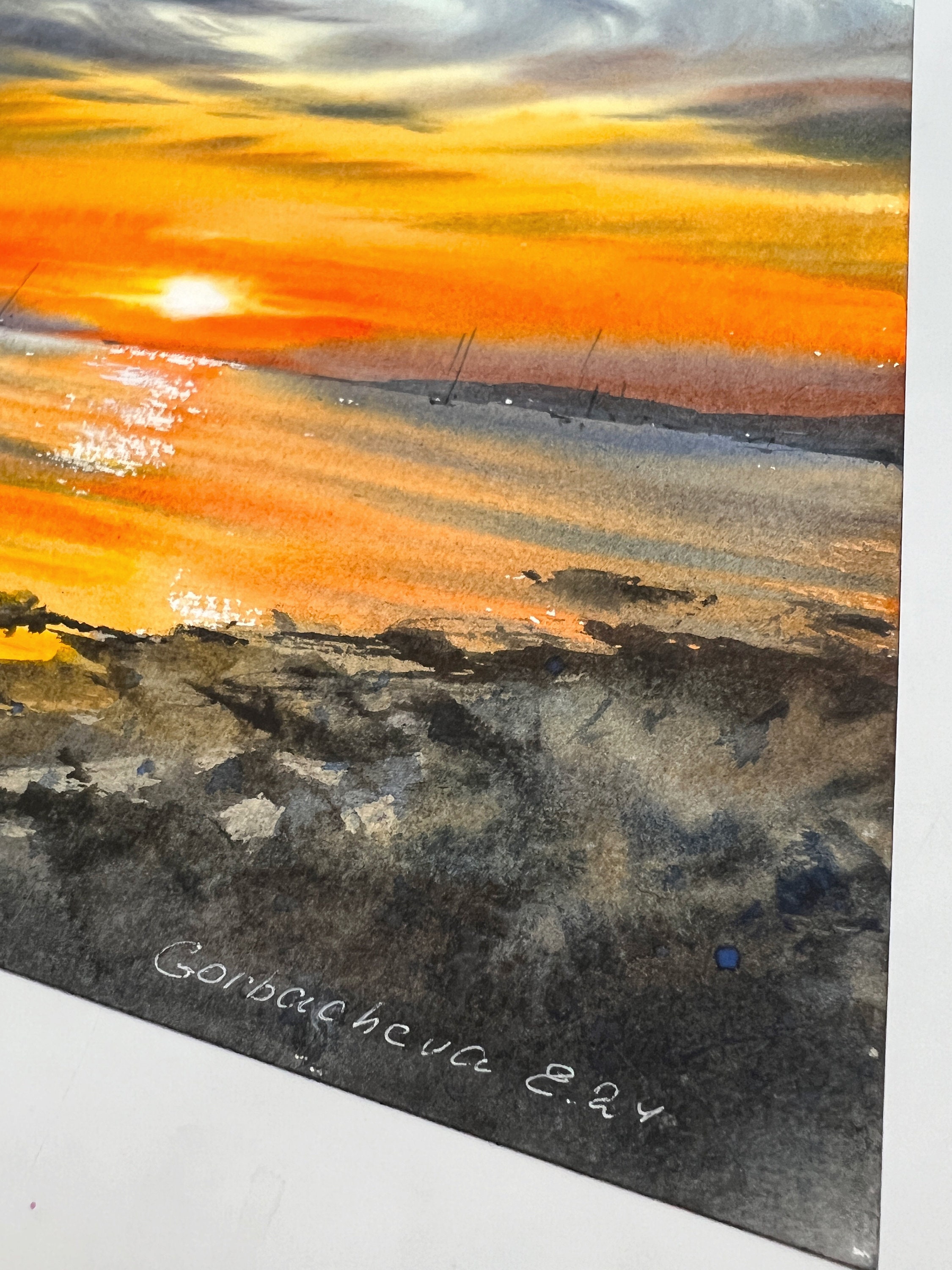 Orange Sunset Coastal Yachts Watercolor Painting | Original Art