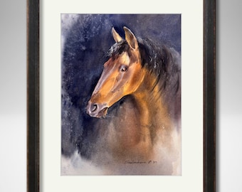 白い馬の水彩画、オリジナルアートワーク、水彩動物アート、馬の絵、馬