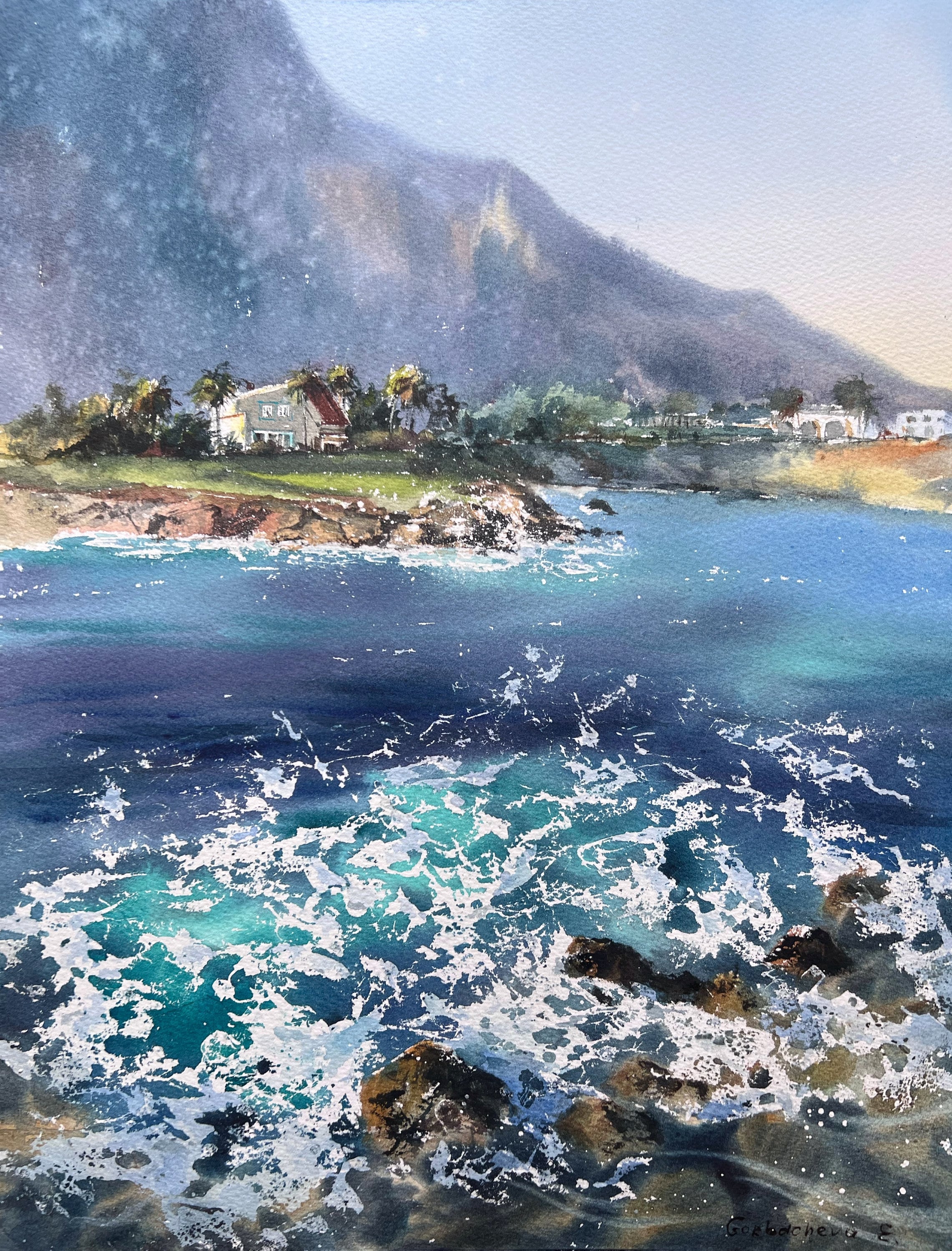 オリジナル海景水彩画：キプロスの海岸沿いの家、海の波のアート（12 x