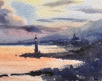 灯台の夕日の水彩画：海岸の海景アート（12 x 16インチ） - Etsy 日本