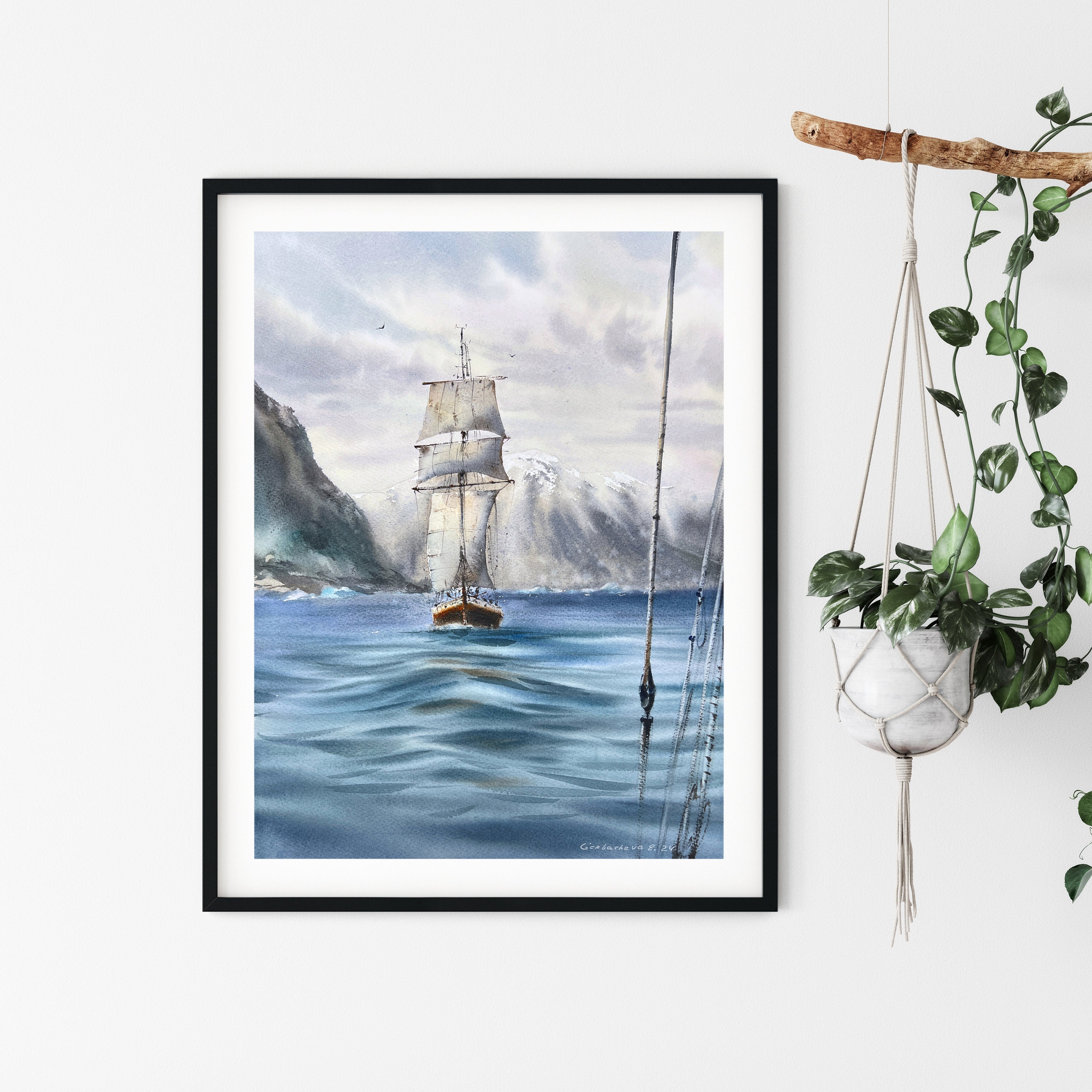 南極アドベンチャー：オリジナルの北極海風景水彩画、氷山の絵画、旅行