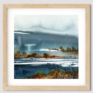 Square Art Print, Abstract Landscape Wall Art, Painting on Canvas, Watercolor Art, Contemporary Wall Decor, Navy Blue