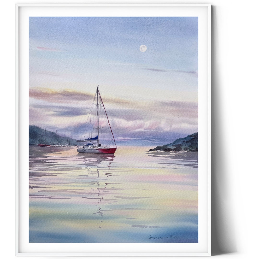 Amazon.co.jp: フルトン『夕暮れの海(帆船F20)』油彩画 風景画