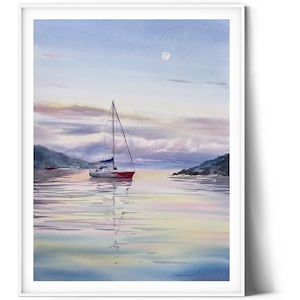 オリジナルの海景水彩画：夕暮れのヨット、航海をテーマにした