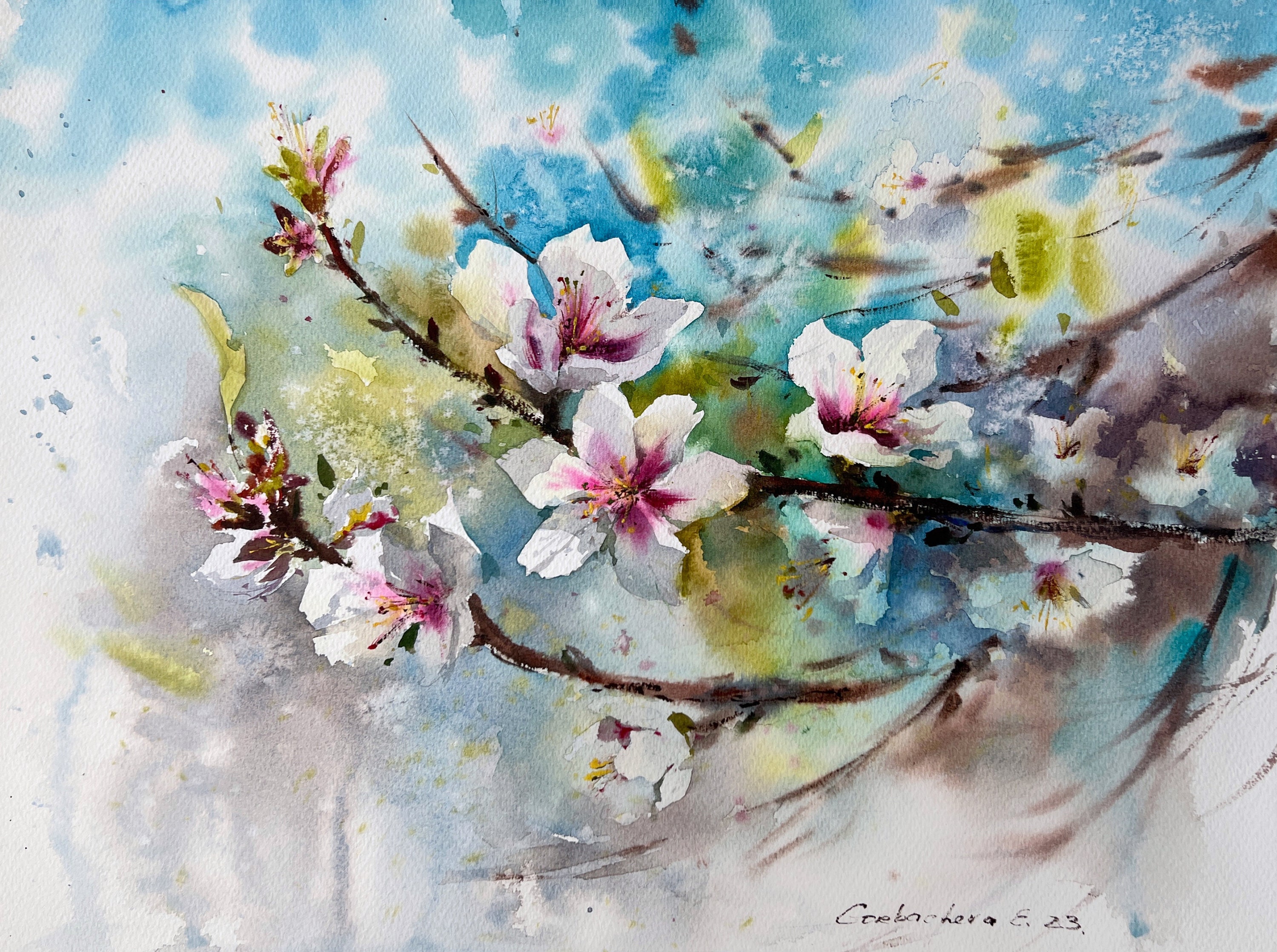 オリジナル水彩画：咲き誇るアーモンドの木の植物画（12 x 16インチ