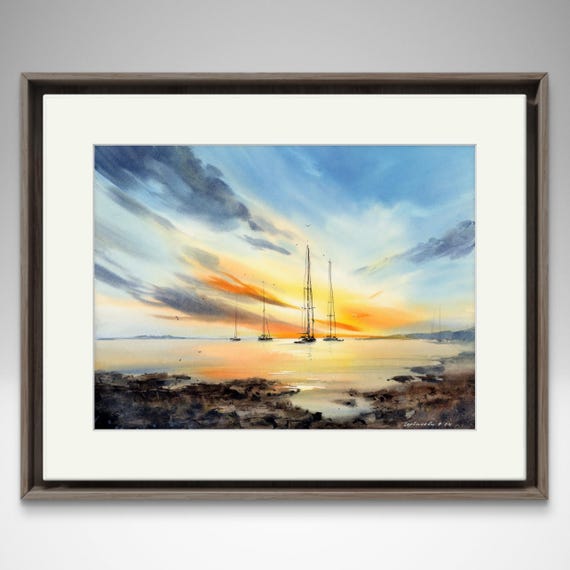 穏やかな海景：海上のヨット 水彩画 オリジナル - Etsy 日本