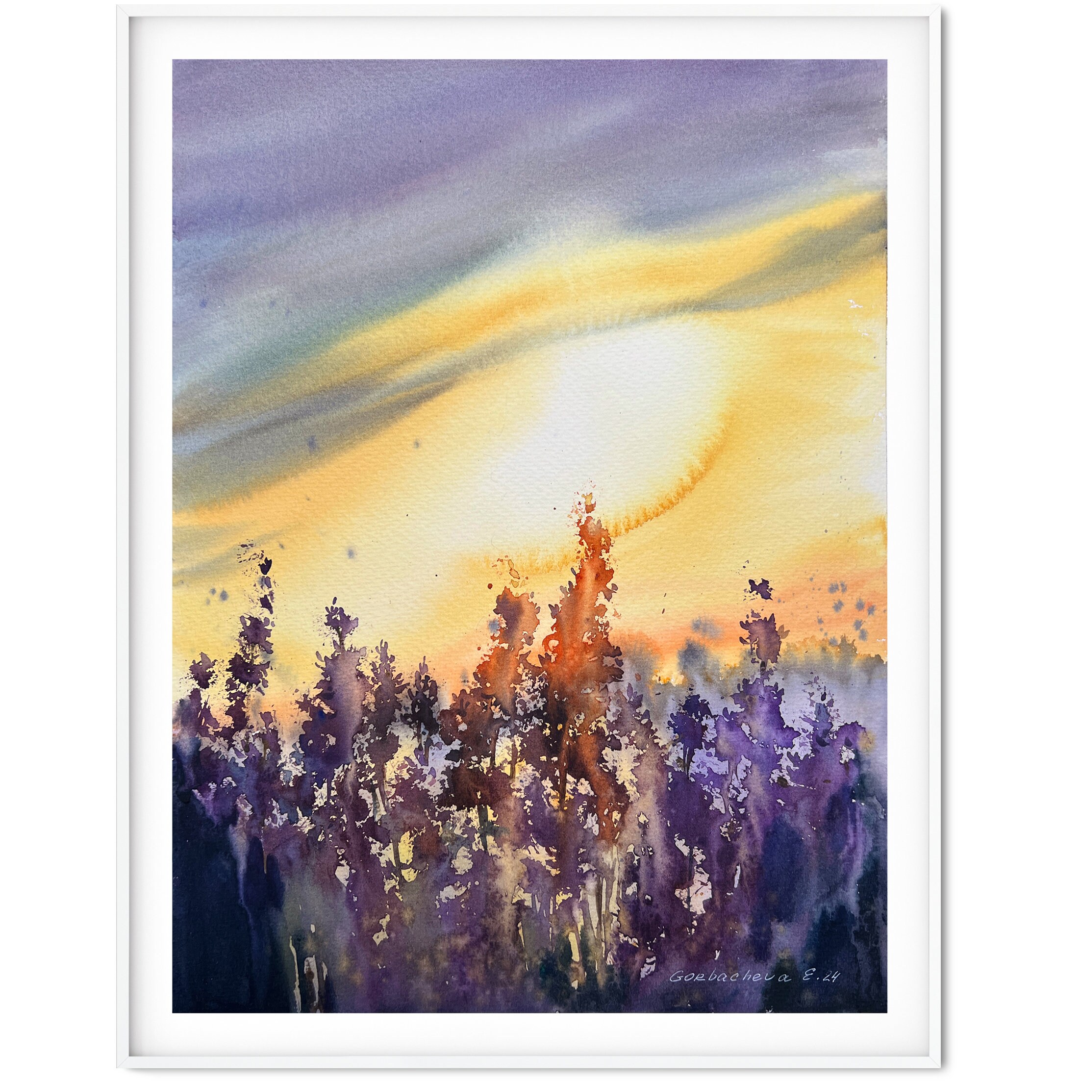 ラベンダー畑の水彩画：オリジナル風景画（16×12インチ） - Etsy 日本