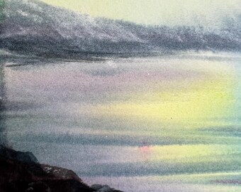 オリジナル水彩画「オーロラの絵画：灯台の冬の風景」8x12インチの