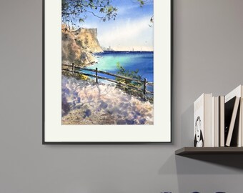 オリジナルの海景水彩画：海岸の壁飾り、ビーチの装飾 - Etsy 日本