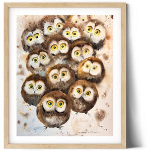 Adorable Owl Family Portrait - Original Watercolor Artwork, Charming Home Decor Accent