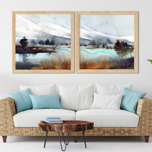 Mountain Landscape Art Prints Set: Turquoise Watercolor Painting