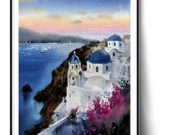 Santorini Sunset Art Print - Coastal Bedroom Decor, Greece Painting, Watercolor Blue White, Travel Souvenir