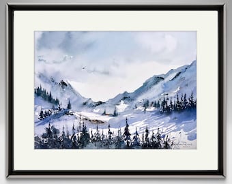 冬の山の風景、雪に覆われた丘のオリジナルの水彩画、雪景色、アルプス