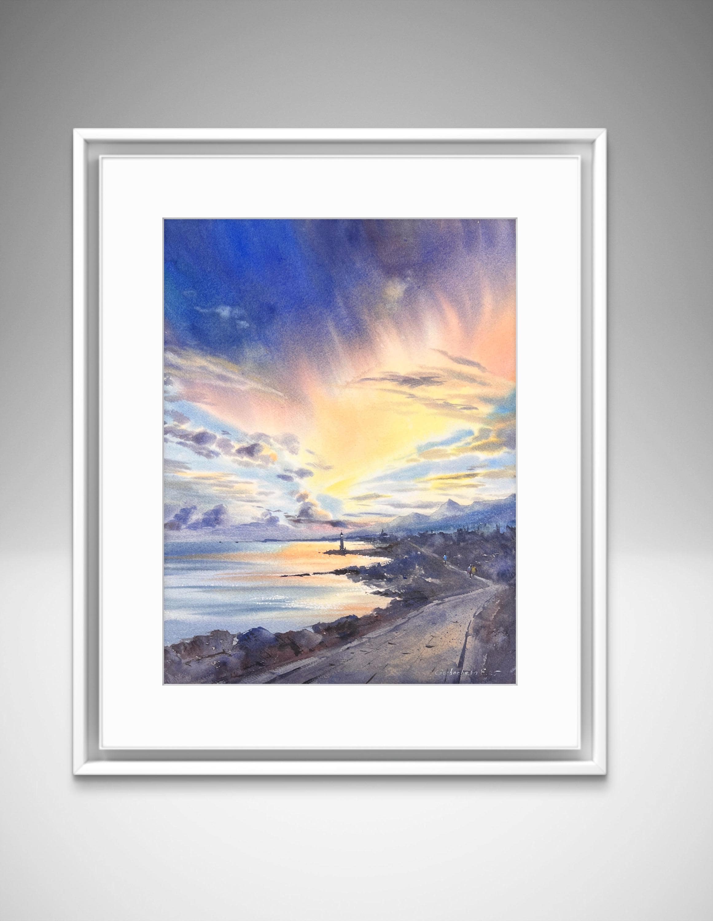 灯台の夕日の水彩画：海岸の海景アート（12 x 16インチ） - Etsy 日本