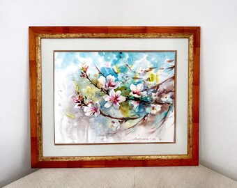 オリジナル水彩画：咲き誇るアーモンドの木の植物画（12 x 16インチ